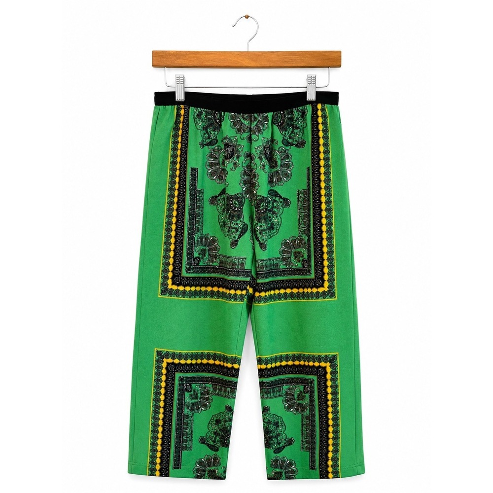BCBG Green Baroque Scarf Print Wide Leg Cropped Pants Elastic Waist Pull On S